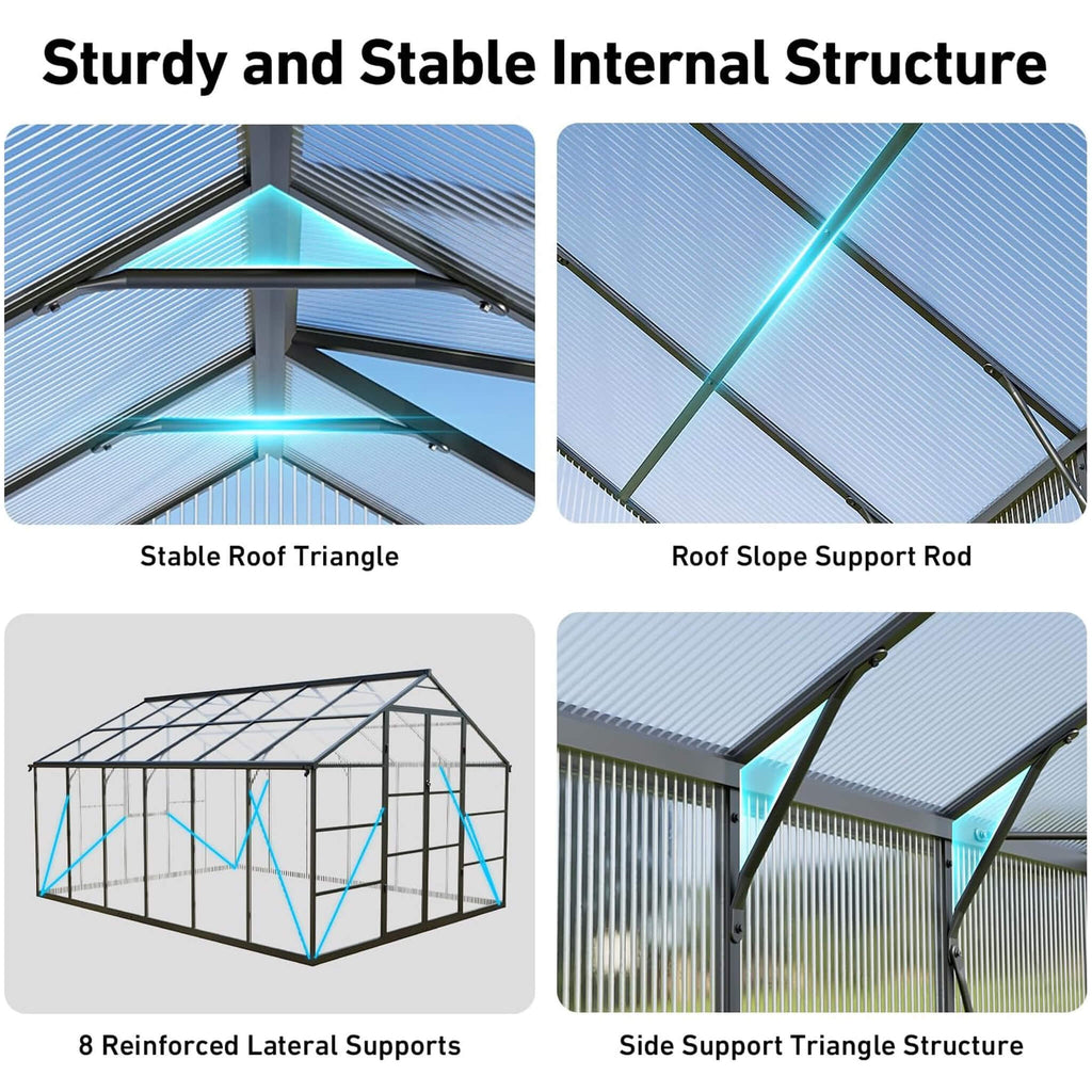 [10X12FT] Outdoor Polycarbonate Aluminum Greenhouse With UV Protection And Thermometer (SAK59183)
