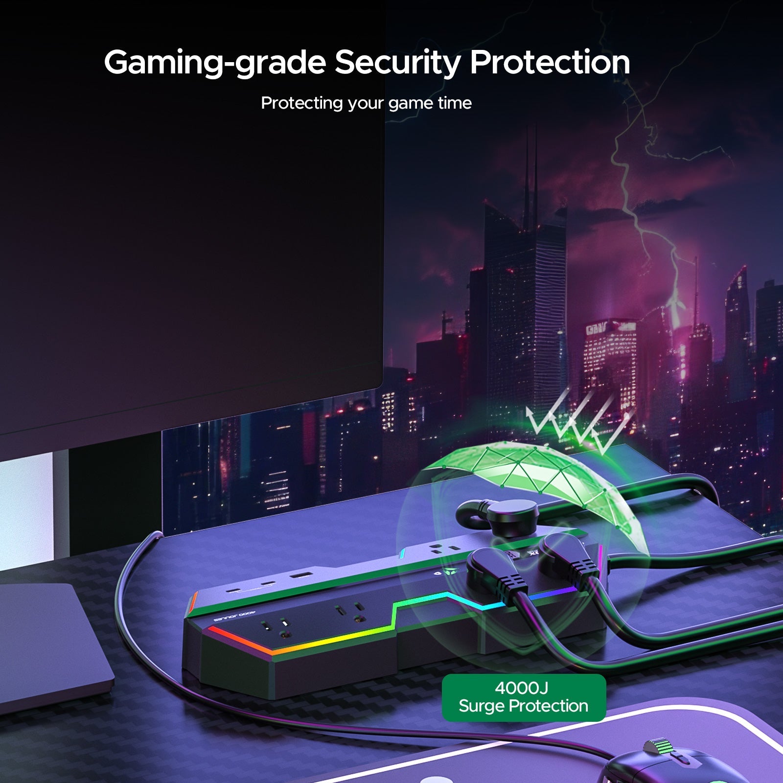 4000J Gaming Power Strip Surge Protector - 20W PD USB-C Fast Charge, 6 Wide-Spaced Outlets, RGB Lighting, 6ft Cord