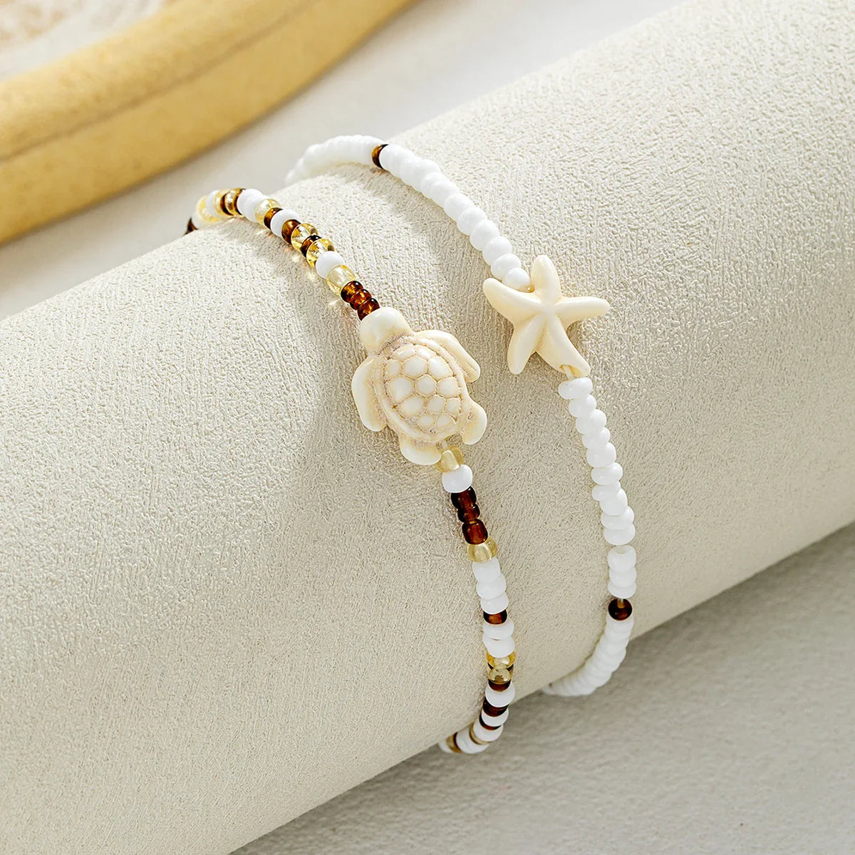2 Bohemian style turquoise starfish turtle ankle chains, double-layer layered mixed color rice bead beach ankle chains