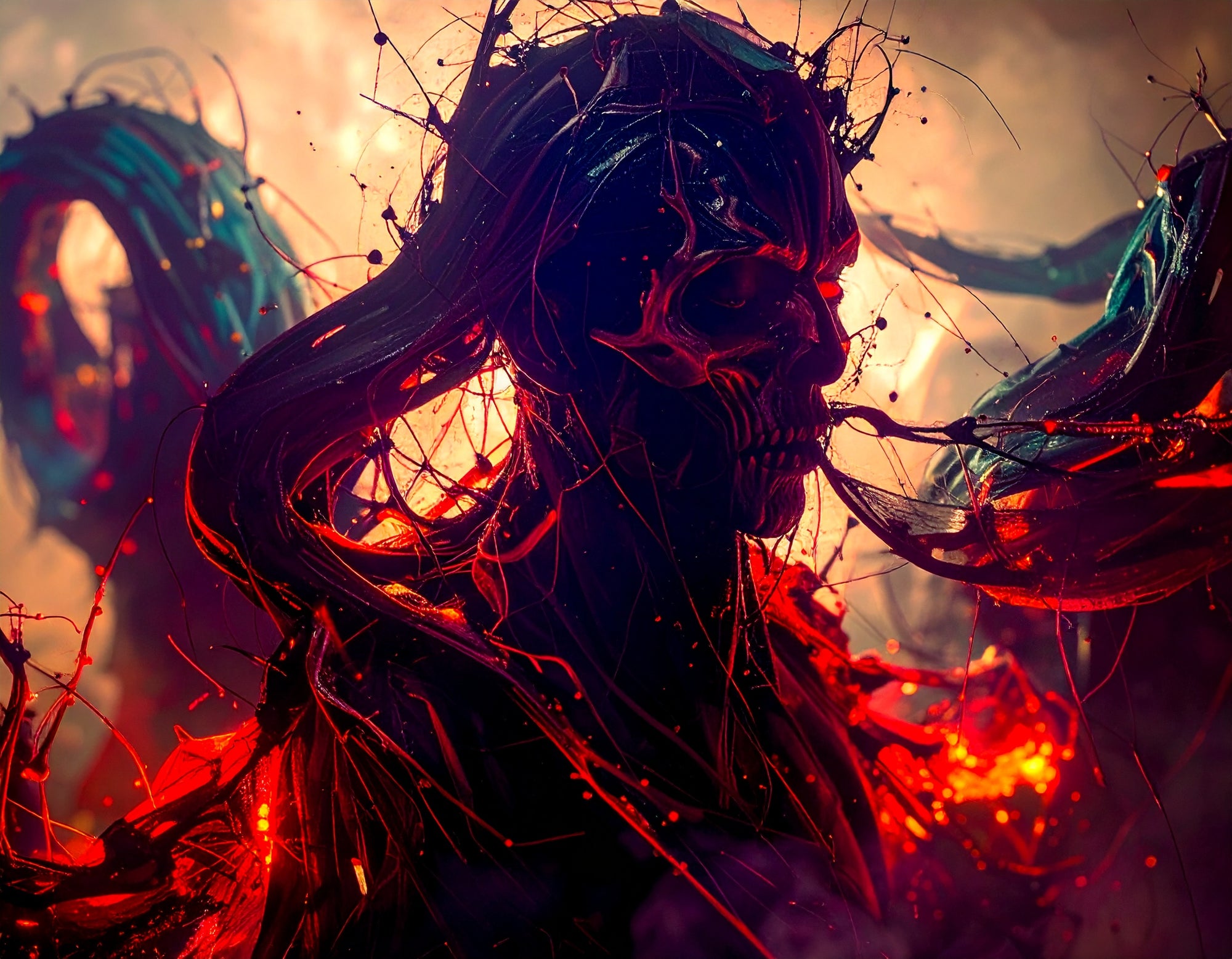 Skeletal figure with glowing red eyes and a dark, otherworldly atmosphere

